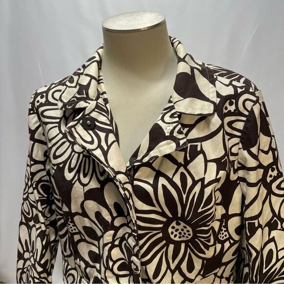 Chico's Floral Cotton Blazer Jacket Brown Cream Cotton Stretch Chico's Size 2 - Picture 3 of 8